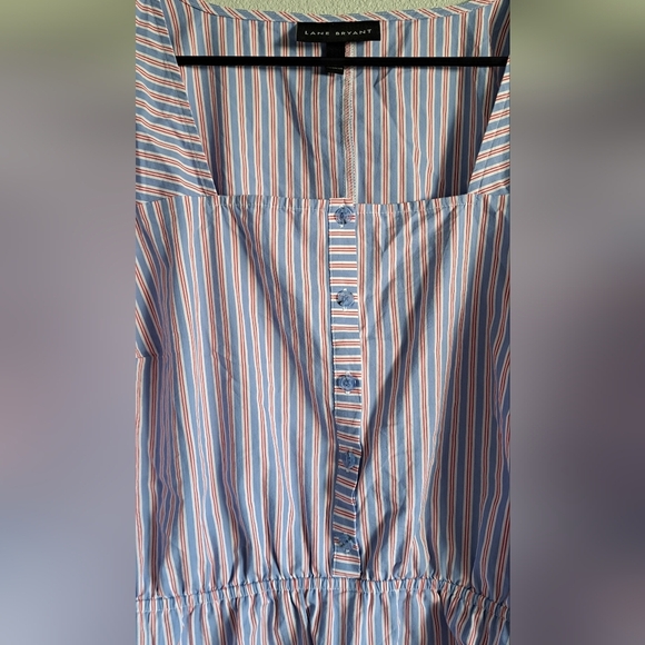 Lane Bryant Blue White and Red Striped No Peek Button Front Peplum Top - Picture 5 of 7